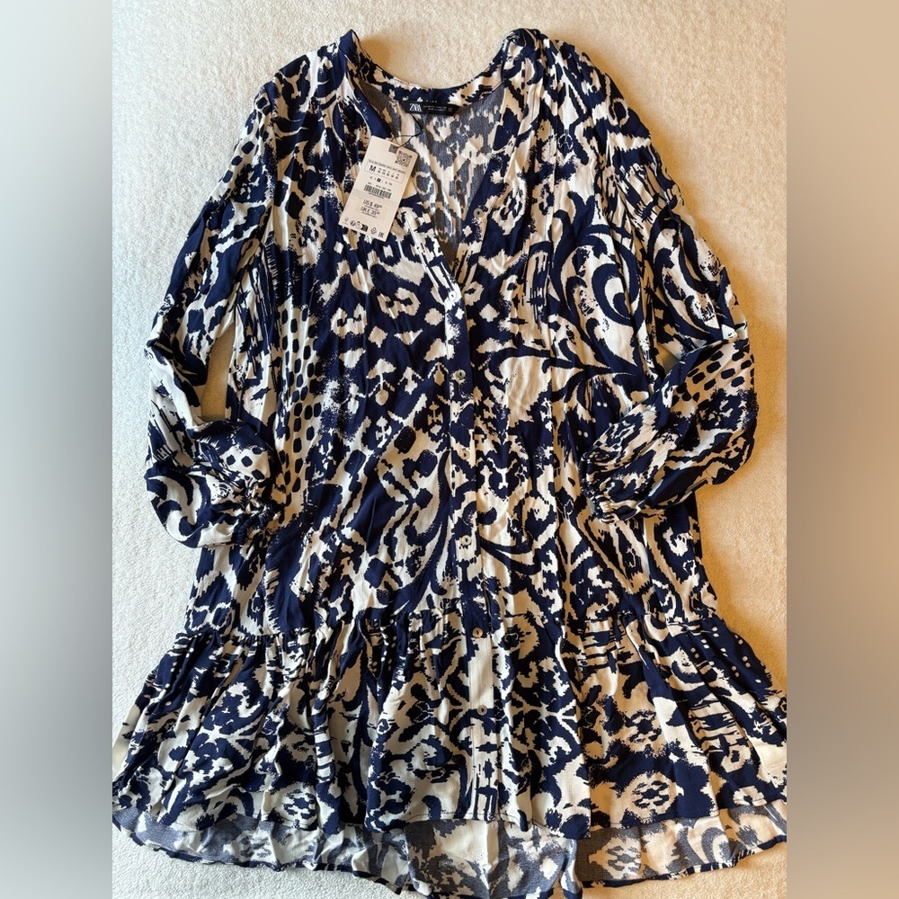 NWT Zara Bohemian Tunic Dress, oversized/flowy fit. Blue white. Sz Medium
